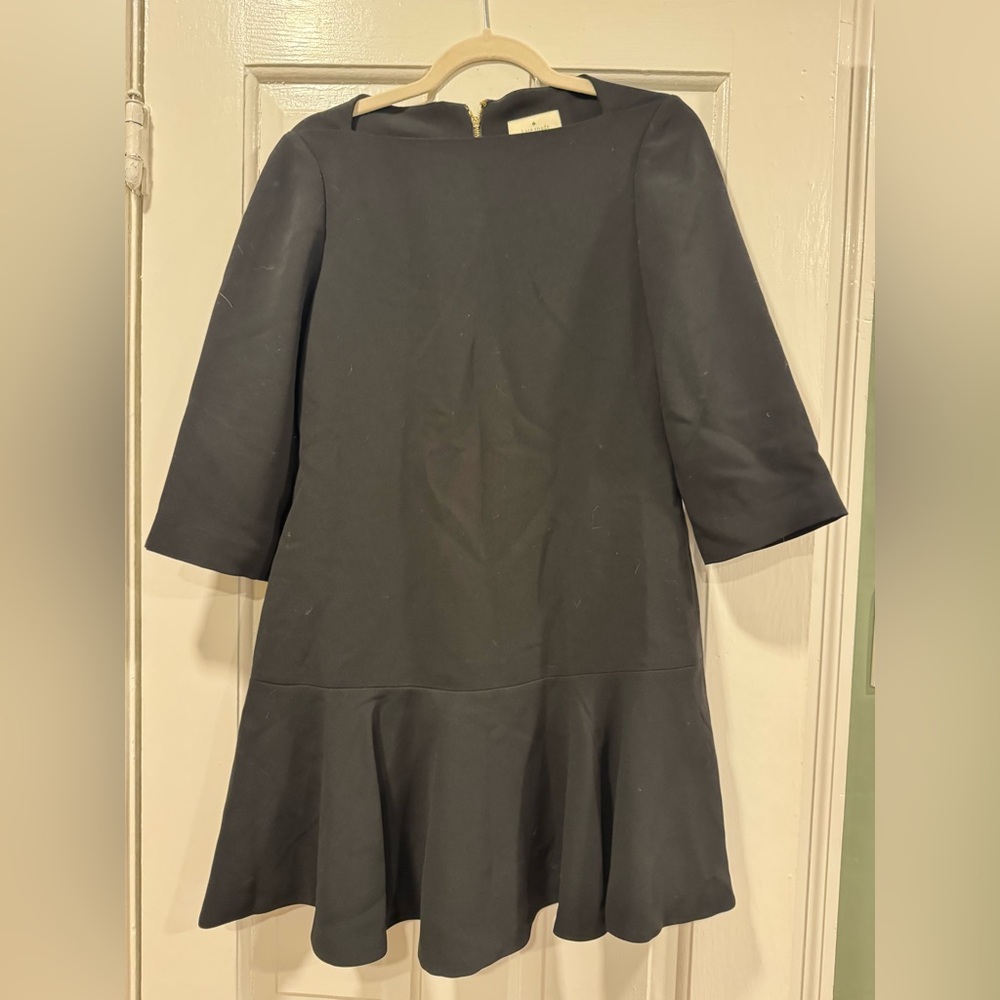 KATE SPADE Caution to the Wind Black Crepe Flounced Bateau Black Dress Size 0